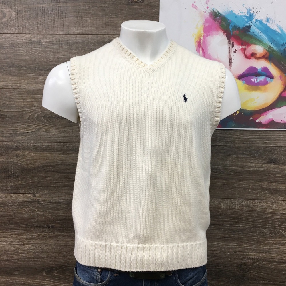 VINTAGE Polo Ralph Lauren Mens Cream Cotton V-Neck Sweater Vest Large Pony Logo‎